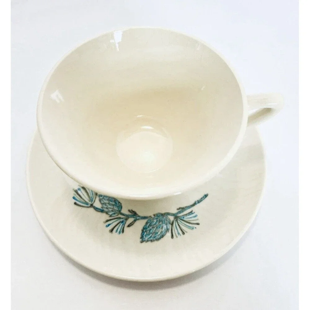 Vintage Marcrest Blue Spruce Pinecone Cup & Saucer 6oz Ivory MCM USA - Picture 6 of 9